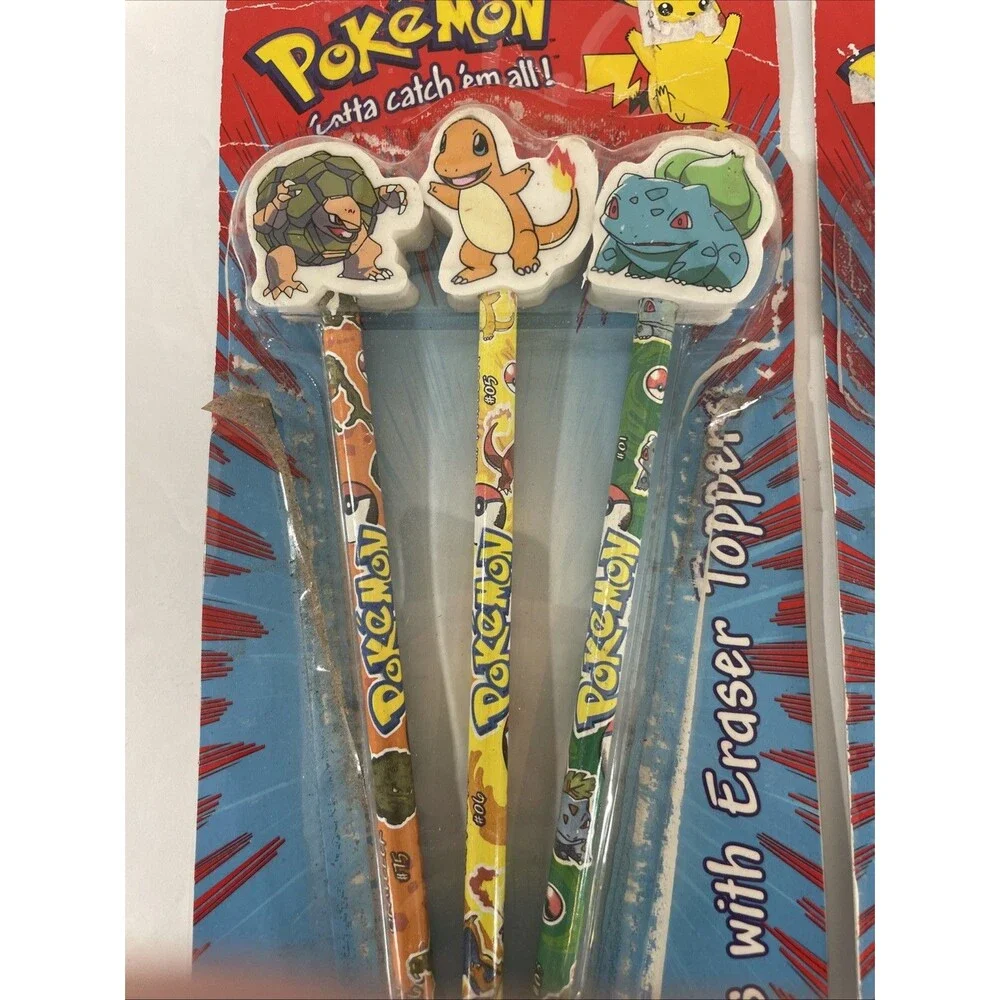 6 Pencils With Eraser Toppers Vintage 1999 Pokémon Gotta Catch 'em All! Rose Art